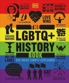 the lgbt history book is shown in rainbows and black text, with an image of people