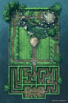 an aerial view of a garden with a pond and some trees in the middle of it