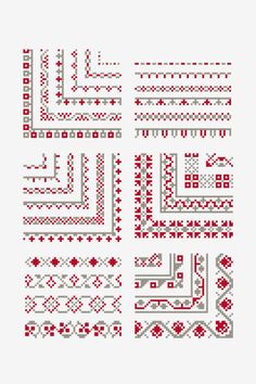 the cross stitch pattern is shown in red and white, with different designs on it