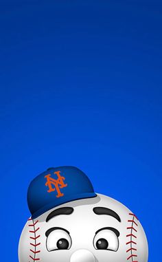 a baseball with a hat on top of it's head in front of a blue sky