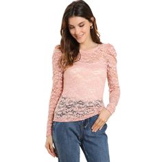 Add some romance to your look with this sheer lace top. The slightly stretchy fabric creates a breezy, textural base for this lace top, which is accented with long sleeves for a feminine dimension. A cami top should be worn, which is not included in this garment. This sheer top has a feminine design of floral lace and long puff sleeves. A semi-sheer top features an allover floral lace design, a round neck, and long sleeves. Great for simple but trendy pants or skirts. Stretch Lace Mesh Top, Lace Tops With Lace Work For Spring, Lace Patchwork Blouse For Spring, Pink Long Sleeve Top With Lace Patchwork, Spring Lace Blouse With Lace Patchwork, Pink Long Sleeve Tops With Lace Patchwork, Feminine Crochet Lace Party Top, Feminine Lace Patchwork Top For Fall, Feminine Lace Work Tops For Fall