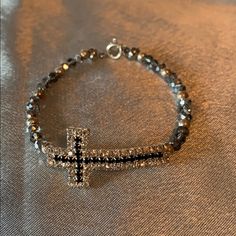 Delicate One Of A Kind Side Cross Bracelet With Swarovski Crystals By Mystic Designs By Dee. Elegant Silver Cross Beaded Bracelets, Elegant Silver Beaded Cross Bracelets, Elegant Adjustable Cross Beaded Bracelets, Adjustable Gray Jewelry For Parties, Stretch Beaded Bracelets Diy, Jewelry Delicate, Bracelets Diy, Beaded Bracelets Diy, Cross Bracelet