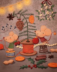 a painting of mice decorating a christmas tree with lights and decorations on the wall