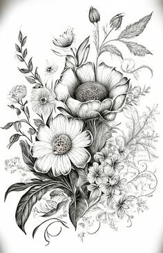 a drawing of flowers and leaves on a white background