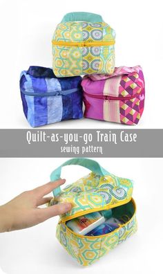 three different types of bags with the words quilt as you go train case