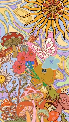 an artistic painting with flowers and butterflies in the background, including sunflowers and mushrooms