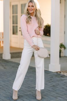 Of course you are going to have some happy travels in this sweater! Just look at it! That floral embroidery is so precious and we love the monochromatic coloring! Pair this sweater with dark to light wash jeans and your favorite booties or sneaks for the perfect pre-spring look! Round neckline Long sleeves Embroidered flowers Generous stretch Poppy is wearing the small. Blush Pink Winter Outfit, Pale Pink Sweater Outfit, Light Pink Sweater Outfit, Pink Sweater Outfit Winter, Pink Sweater Outfits, Cream Sweater Outfit, Pink Sweater Outfit, Light Pink Pants, Cropped Jeans Outfit