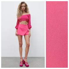 Nwt. Zara Hot Pink High-Waisted Asymmetric Skort Shorts With Side Hidden In-Seam Zipper. Size M. Ref. 7385/462. Waist 14" Flat, Rise 12,5", Inseam 2,5". 1055 Chic Skirt With Built-in Shorts For Spring, Spring Asymmetrical Skort With Built-in Shorts, Spring Party Mini Skirt With Built-in Shorts, Chic Spring Bottoms With Built-in Shorts, Solid Skort For Summer Nights Out, Solid Color Skort For Summer Night Out, Solid Skort For Night Out In Summer, Versatile Short Skirt For Spring, Fitted Asymmetrical Skort For Summer