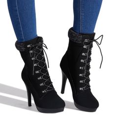 Women's Classy Platform Stiletto Hiker Boot Featuring Faux Stacked Heel Sweater Cuff Detail And Adjustable Front Laces. Made With Faux Nubuck,True To Fix .Outside Heel Height 4.5. Color Black, Size 9. New In Box High Heel Combat Boots, Heel Combat Boots, Booties For Women, Shop Boots, High Heel Boots Knee, Black Knee High Boots