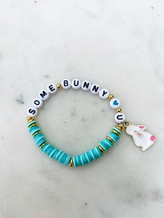 Custom order for your special some bunny! Fun Adjustable Turquoise Jewelry, Cute Letter Beads Jewelry As Gift, Cute Blue Charm Bracelet For Friendship, Cute Jewelry With Letter Beads For Gift, Cute Turquoise Beaded Bracelets As Gift, Personalized Casual Turquoise Jewelry, Casual Personalized Turquoise Jewelry, Cute Letter Beads Charm Bracelet As Gift, Cute Charm Bracelet With Letter Beads For Gift