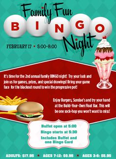 a flyer for a family fun game night with food and drinks on the table, including an ice cream sundae