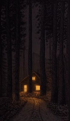 a cabin in the woods lit up at night with light coming from it's windows