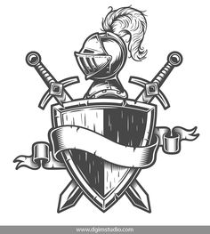 a knight emblem with two swords and a banner in the middle, on a white background