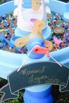 there is a sign that says mermaid lagoon on the side of a blue bird bathtub