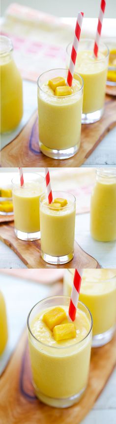 there are three shots of yellow desserts in small glass bowls with red and white striped straws