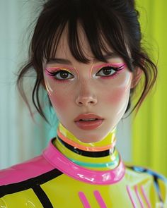 Makeup Like Barbie, Cyberpunk Inspired Makeup, Futuristic Fashion Makeup, Fun Glam Makeup, Camp Makeup Looks, Video Game Makeup, Extraterrestrial Makeup, Neon Makeup Ideas Eye, Cyberpunk Makeup Ideas