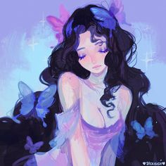 a painting of a woman with long black hair and blue butterflies around her neck, wearing a purple dress