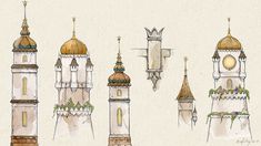 a drawing of several towers with clocks on the top and bottom, all in different styles