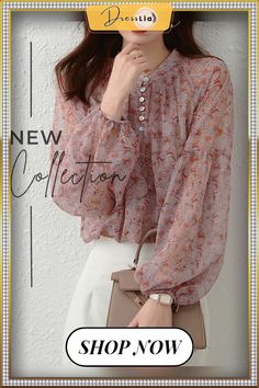 Elegant Loosen Lantern Sleeve Chiffon Blouse Flowy Long Sleeve Chiffon Blouse, Fall Flowy Chiffon Blouse, Flowy Chiffon Blouse For Fall, Feminine Chiffon Tops For Fall, Spring Chiffon Blouse With Lantern Sleeves, Chiffon Blouse With Blouson Sleeves, Spring Chiffon Top With Blouson Sleeves, Spring Chiffon Blouse With Blouson Sleeves, Spring Chiffon Blouson Sleeve Top