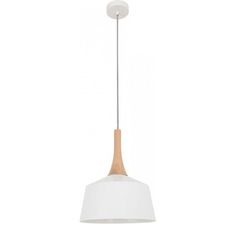 a white light hanging from the ceiling with a wooden pole and two lights on each side