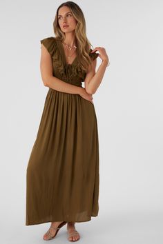 Elegant woven maxi dress that has a deep v-neckline, ruffle detail and solid color wash. O'Neill Women's woven maxi dress 56" In length Bodice ruffles Pin tucks on bodice Tie back detail Solid color wash 100% Viscose Crinkle | O'Neill Women's Nolee Solid Maxi Dress in Military Olive, Size XS, Viscose Capsule Dressing, Earth Tone Dress, Solid Maxi Dress, Loungewear Outfits, Maxi Dress For Women, Spring Suit, Loungewear Dresses, Woman Weaving, House Dress