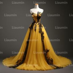 Yellow Tulle and Black Lace Applique Strapless Full Length Tull Prom Dress Evening Dress Custom Hand Made A2-6.8 on Storenvy Prom Dress Evening, Dress Evening, Color Swatch, Brand Collection, Gaming Clothes, Evening Dresses Prom, Lace Applique, Yellow Dress, Evening Dress