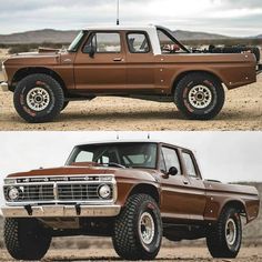 two pictures of the same truck in different stages of being restored, one is brown and the other is white