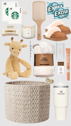 the contents of a starbucks gift set including a teddy bear, slippers, and other items