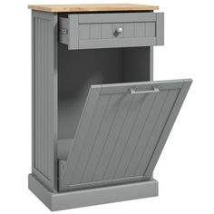 a grey cabinet with a wooden top