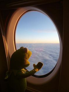 a stuffed animal is looking out an airplane window at the clouds and blue sky in the distance