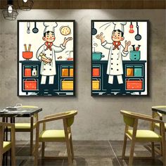 two paintings of chefs are hanging on the wall in a dining room with yellow chairs