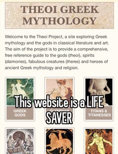 an advertisement for the greek mythology website, with pictures of animals and people on it