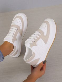 Women's Casual Sports Shoes, Fashionable Sneakers With Thick Soles, Low-Cut Lace-Up White Shoes, Outdoor Sports Running Shoes,Suitable For Any Season Khaki    PU Leather     Sports & Outdoor Shoes, size features are:Bust: ,Length: ,Sleeve Length: White Flat Platform Sneakers With Laces, Comfortable White Chunky Sneakers With Vulcanized Sole, Trendy White Running Shoes With Vulcanized Sole, White Breathable Flat Sneakers, White Breathable Sneakers With Flat Heel, Breathable White Sneakers With Flat Heel, White Breathable Flat-heel Sneakers, Breathable White Flat-heel Sneakers, Trendy White Canvas Shoes With Cushioned Footbed