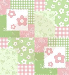 a patchwork pattern with flowers and gingham checkerboard in pastel colors