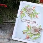 a christmas card with two birds on it next to a pine branch and red ribbon