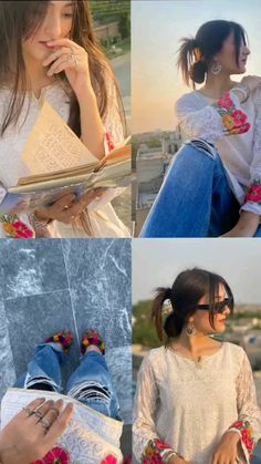 four different pictures of a woman with her hand on her chin and holding a book