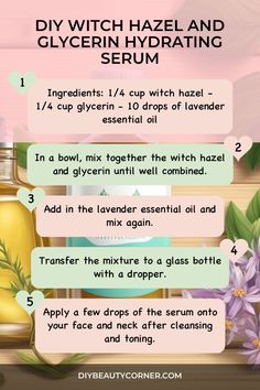 Create your own nourishing serum with a simple DIY recipe using witch hazel and glycerin. Say goodbye to dry skin and hello to a hydrated, glowing complexion! Easy to make and packed with skin-loving ingredients. Perfect for achieving that healthy, radiant look naturally. Soothe, moisturize, and revitalize your skin with this homemade hydrating serum today! Diy Recipe, Hydrating Serum