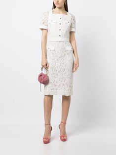 Elie Saab Lace Midi Dress - Farfetch Midi Dress White, Lace Midi, Lace Midi Dress, White Midi Dress, Elie Saab, All White, Dress White, Square Neck, Midi Length