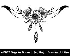 a black and white drawing of sunflowers with feathers