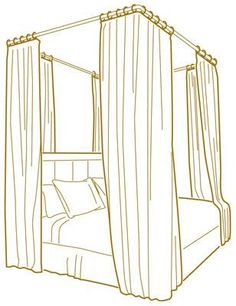 a drawing of a bed with four posts in the middle and a pillow on top