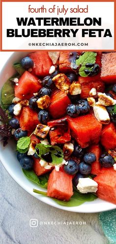 watermelon, blueberry and feta salad in a white bowl with text overlay