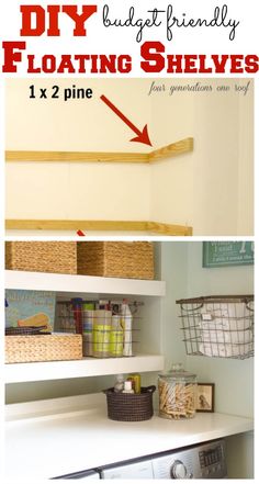 the laundry room is organized with baskets and shelves