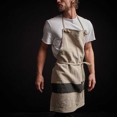 Single Stripe Chef's Apron in Natural/Black | James Perse Los Angeles Waiter Uniform, Aprons For Men, Chef Apron, Half Apron, Fine Dining Restaurant, Belgian Linen, Kitchen Aprons, Linen Apron, Stripes Design