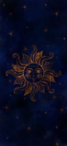 the sun is shining brightly against a dark blue background with gold stars and swirls