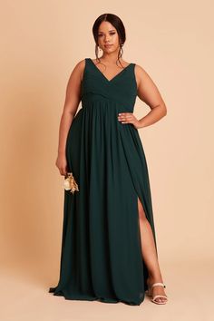 a woman in a green dress with the words $ 99 bridesmaid dresses on it