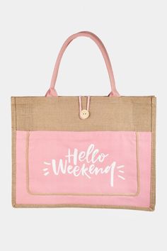 A stunning must have tote bag that is designed with a hello weekend burlap tote bag design. Perfect as a gift for a loved one! Bag size: Large Material: 100% polyester Imported Product measurements: Length 18 inHeight 14 in Burlap Tote Bags, Burlap Tote, Hello Weekend, Rick Rack, Chic Bags, Weekend Fun, Bag Design, Weekender Tote, One Bag