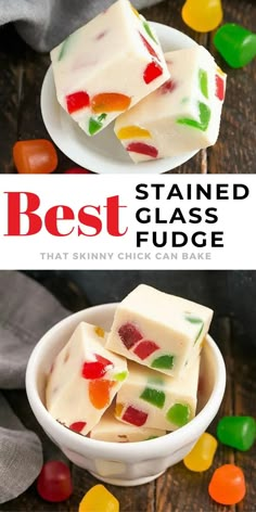 Pinterest colloge of 2 photos White chocolate fudge with colorful candies to resemble stained glass and a title text box. Stained Glass Candy Recipe, Stained Glass Candy, Gumdrop Candy, Gourmet Fudge, Candy Homemade, Holiday Fudge, White Chocolate Fudge, Christmas Fudge