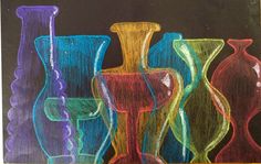 a chalk drawing of vases and glasses on a blackboard with colored crayons