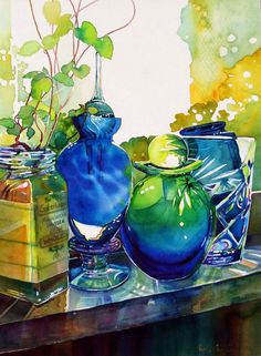 a painting of vases and jars on a table with plants in the window sill