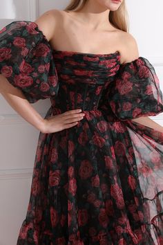 100% Polyester 150 cm (60 inch) Off The Shoulder Dress With Puff Sleeves, Patterned Bridesmaid, Strapless Organza, Midi Prom Dress, Midi Gowns, Rose Print Dress, Black Floral Dress, Organza Fabric, Tea Length